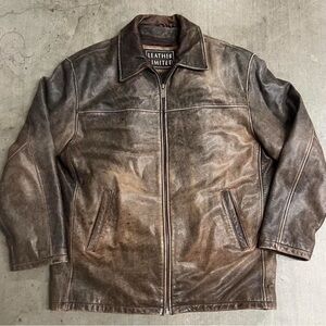 Vintage Burnished Unisex Genuine Leather Jacket Brown Size L/XL